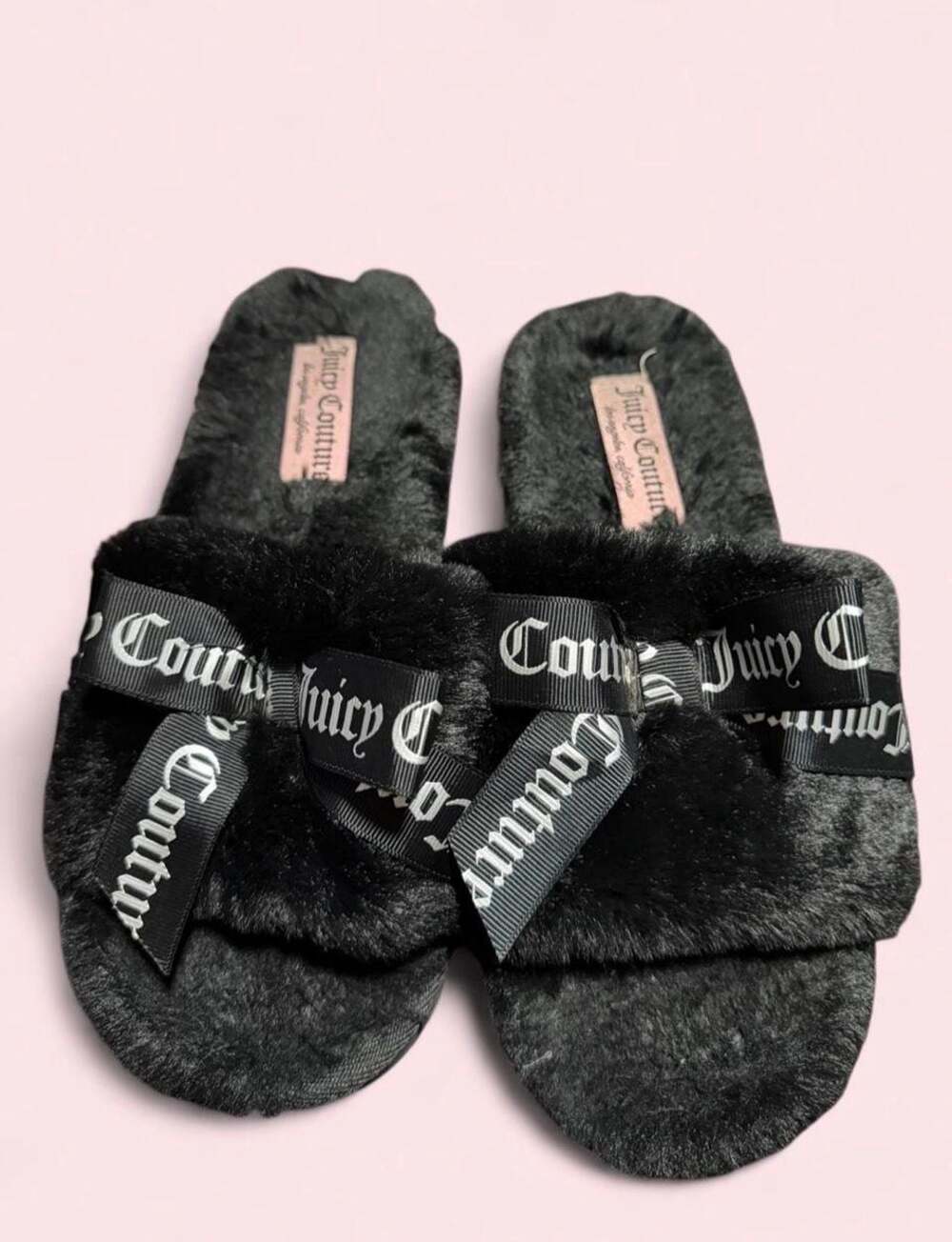 Juicy Couture Black Faux Fur Open-Toe Bow Slides